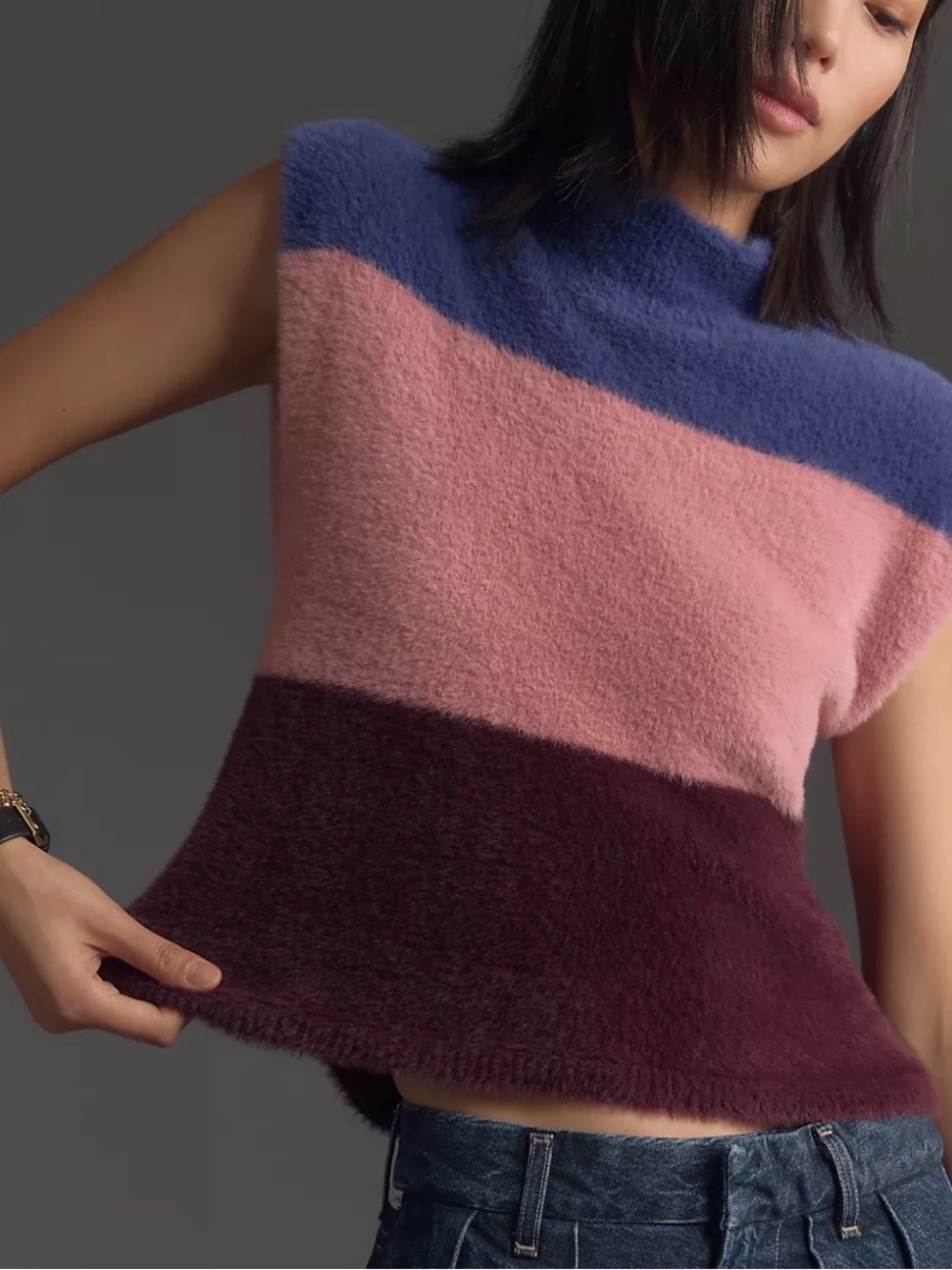 Anthropologie Maeve Colorblock Eyelash Sweater Vest blue pink sz XL L M